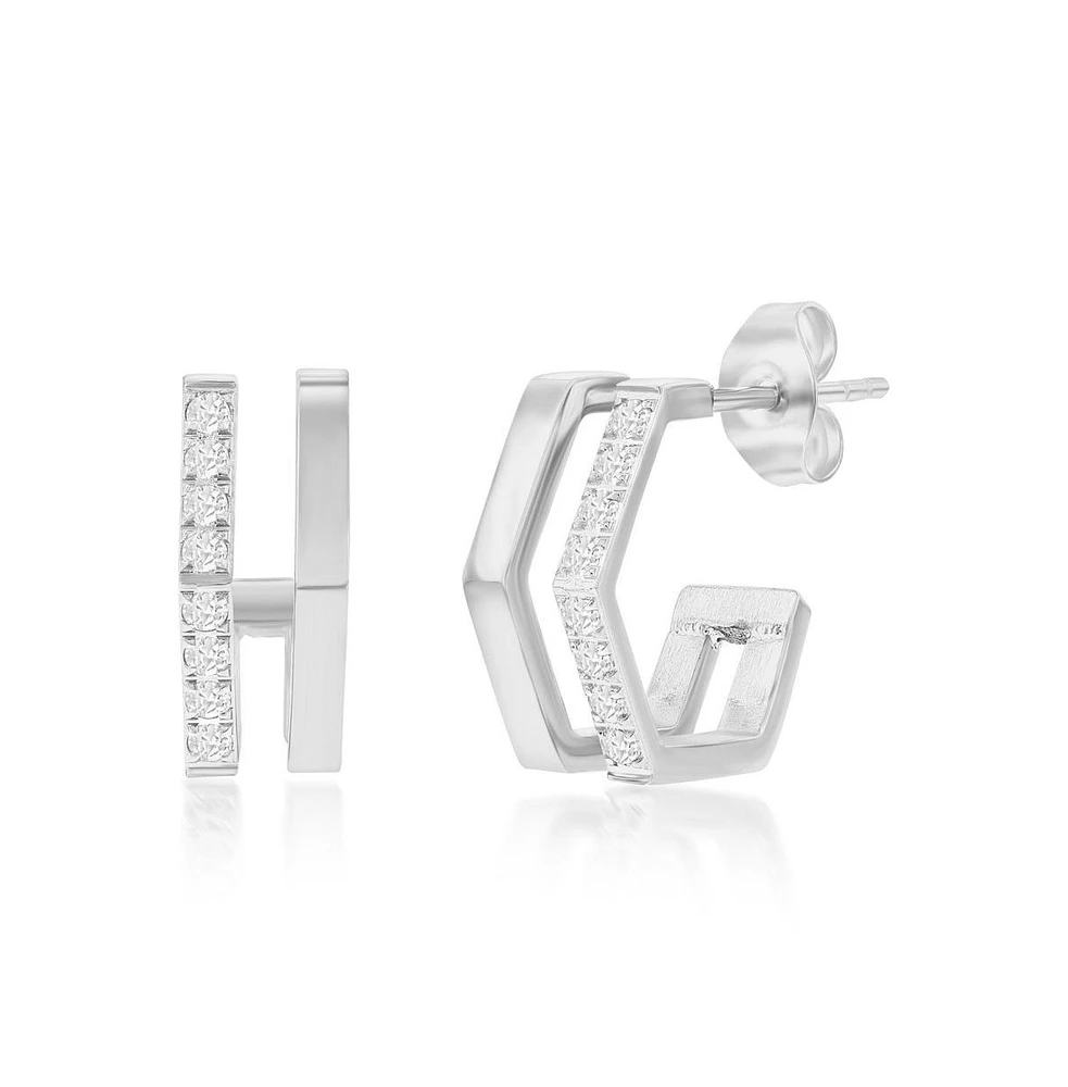 Metallo Stainless Steel, Geometric Cz Hoop Earrings