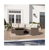 Merrick Lane Shelton Indoor/Outdoor L-Shaped Sofa/Dining Table Conversation Set With Wicker Rattan Construction And Weather-Resistant Cushions