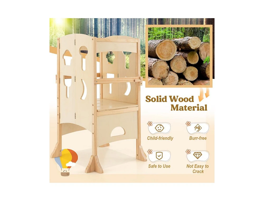 Slickblue Folding Wooden Step Stool with Lockable Safety Rail for Toddler 3+