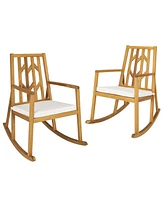 Gymax Set of 2 Outdoor Acacia Wood Rocking Chair Wooden Patio Rocker w/ Beige Cushion