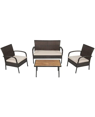 Sugift 4 Pieces Patio Cushioned Wicker Conversation Set with Acacia Wood Tabletop