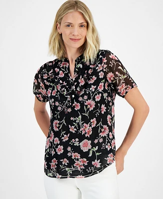 Nautica Jeans Women's Printed Ruffle-Trim Short-Sleeve Top