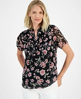 Nautica Jeans Women's Printed Ruffle-Trim Short-Sleeve Top