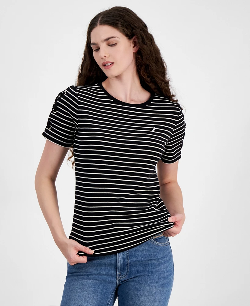 Nautica Jeans Women's Striped Lace-Up Short-Sleeve T-Shirt