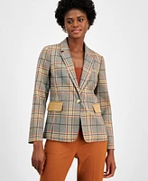 Tahari Asl Women's Plaid One-Button Suede-Pocket Jacket