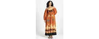 Eloquii Women's Printed Puff Sleeve Fringe Maxi