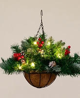 Nearly Natural 16in. Pre-Lit Artificial Pine and Berry Hanging Basket with White Led Lights