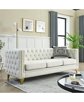 Streamdale Furniture Beige Velvet Sofa with Tufted Arms and Metal Legs