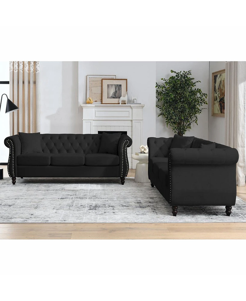 Simplie Fun Black Velvet Chesterfield Sofa, 3-Seater, Tufted Couch