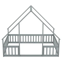 Full Wood House-Shaped Floor Bed with Fence, Guardrails, Grey