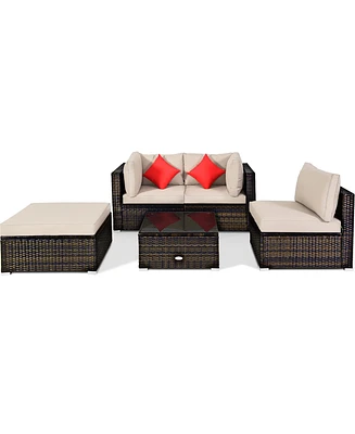 5PCS Outdoor Patio Rattan Furniture Set Sectional Conversation