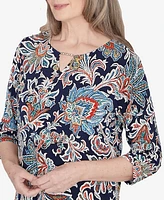 Alfred Dunner Classic Scroll Three Quarter Ruched Sleeves Top