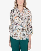 Alfred Dunner Classic Water Colored Leaf Filled Button Down Top