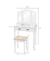 Sugift Simple Vanity Set with Tri-Folding Mirror Drawers and Storage Shelf