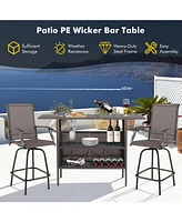 Sugift Outdoor Wicker Bar Table with 2 Metal Mesh Shelves