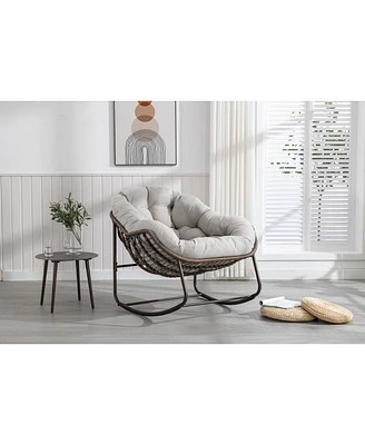 Simplie Fun Beige Outdoor Rattan Rocking Chair with Padded Cushion