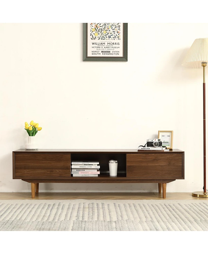 Simplie Fun Modern 63 Inch Tv Cabinet With Black Walnut Finish And Solid Wood Legs