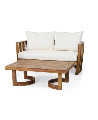 Simplie Fun Outdoor Acacia Wood Loveseat and Coffee Table Set with Cushions, Teak, Beige