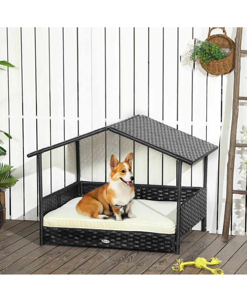 Streamdale Furniture Outdoor Pe Rattan Dog Bed with Canopy Cozy, Durable, Elevated Retreat