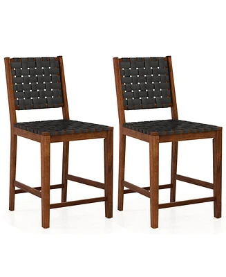 Slickblue Set of 2 Woven Bar Stools with Faux Pu Leather Straps-Black