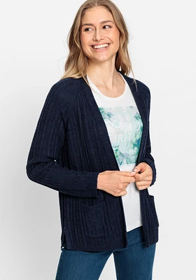 Olsen Women's Linen Blend Long Sleeve Ribbed Open Front Cardigan