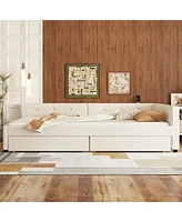 Simplie Fun Full Size Upholstered Platform Bed with Usb and 2 Drawers, Beige