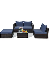 Costway 5PCS Patio Rattan Furniture Set Sectional Conversation Sofa w/ Coffee Table