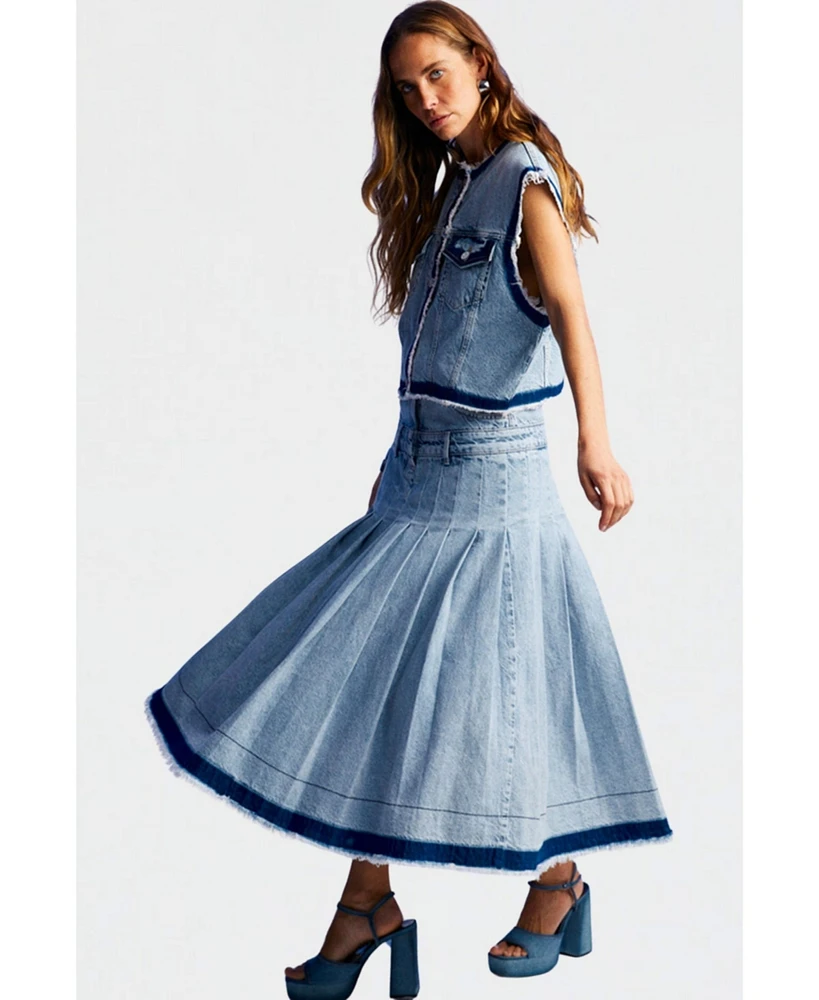 Nocturne Women's Pleated Long Denim Skirt