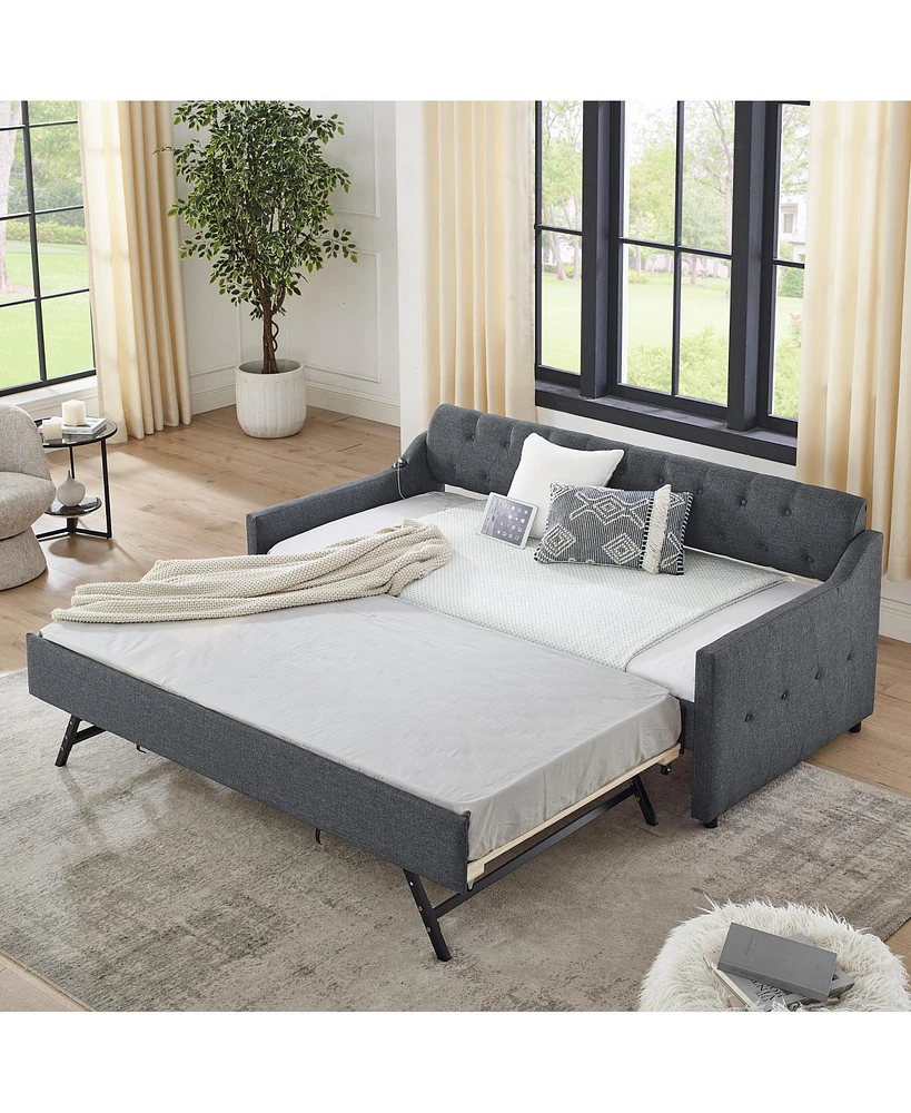 Simplie Fun Twin-Size Tufted Upholstery Daybed with Pull-Out Trundle and Usb Charging