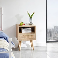 Streamdale Furniture Rattan End Table With Power Outlet & Usb Ports, Modern Nightstand With Drawer And Solid Wood