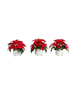 Nearly Natural 9in. Artificial Poinsettia Arrangements in White Ceramic Pots - Set of 3