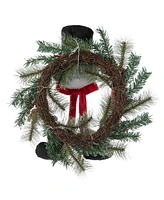 Glitzhome 24 D Christmas Flocked Pine Needle Berry Wreath with matched 20"H Christmas Fabric Snowman Ornament sets