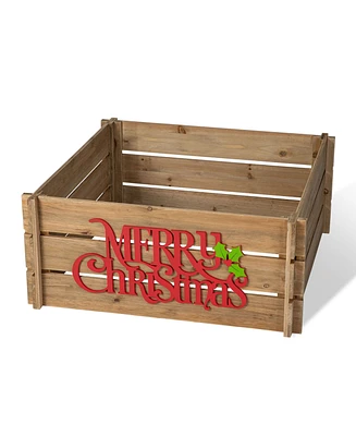 Glitzhome L Natural Wooden Merry Christmas Solid Wood Crate Tree Collar