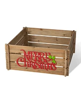 Glitzhome L Natural Wooden Merry Christmas Solid Wood Crate Tree Collar