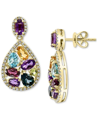 Effy Multi-Gemstone (4-1/3 ct. t.w.) & Diamond (3/8 ct. t.w.) Pear Halo Drop Earrings in 14k Gold