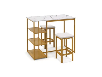 Slickblue 3 Pieces Gold Bar Table Set for 2 with 3-Tier Storage Shelves-Golden