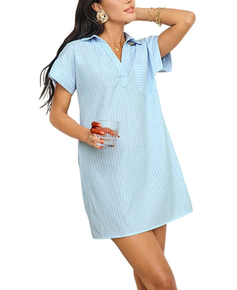 Cupshe Women's Blue & White Stripe Collared Short Sleeve Mini Beach Dress