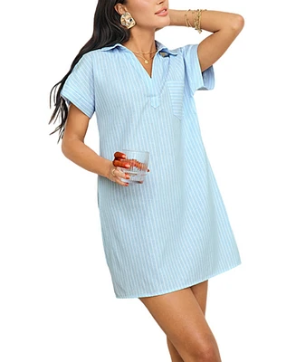 Cupshe Women's Blue & White Stripe Collared Short Sleeve Mini Beach Dress