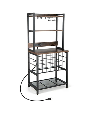 Slickblue Wine Bar Cabinet Wine Rack with 4 Tier Storage Shelves and Glass Holders-Brown