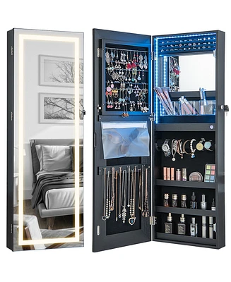 Slickblue 42.5 Inches Lockable Jewelry Mirror Wall Cabinet with 3-Color Led Lights-Black