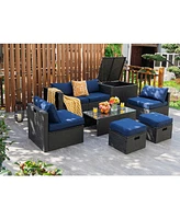 Costway 8PCS Patio Rattan Furniture Set Storage Table Ottoman