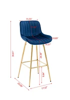Set Of 2 Bar Stools, With Steel Frame Footrest Velvet Fabric Golden Leg Simple Bar Stool, Blue