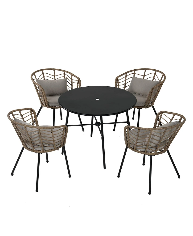 Mondawe 5 Piece Metal Outdoor Seating Set Wicker Rattan Dining Set with Gray Cushion for Backyard