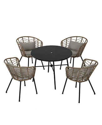 Mondawe 5 Piece Metal Outdoor Seating Set Wicker Rattan Dining Set with Gray Cushion for Backyard