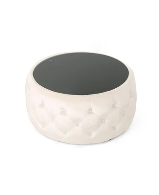 Simplie Fun Modern Glam Velvet Ottoman with Button-Tufted Stitch and Glass Top