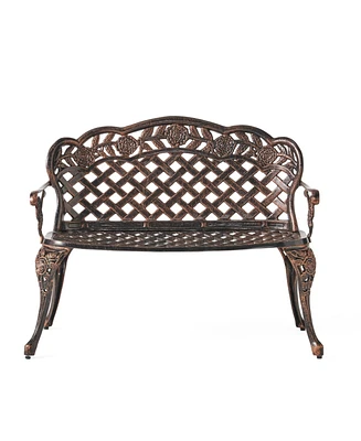 Simplie Fun Ornate Cast Aluminum Garden Bench with Lattice and Rose Embellishments