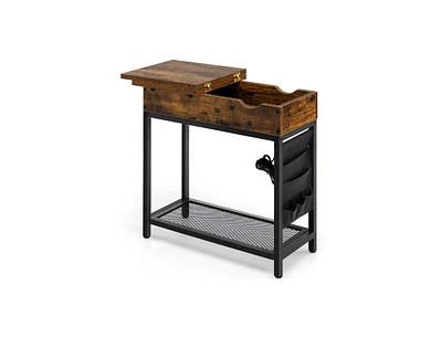 Slickblue Industrial End Table with Charging Station and Flip Top-Rustic Brown