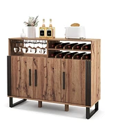 Slickblue Home Wine Bar Cabinet with 3 Doors and Adjustable Shelves-Brown