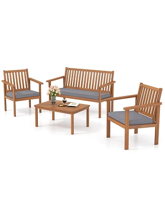 Slickblue 4 Piece Patio Wood Furniture Set Acacia Sofa with Loveseat