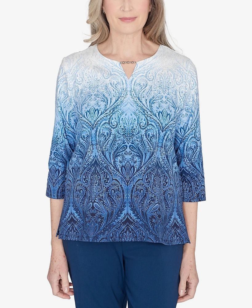 Alfred Dunner Classic Ombre Beaded Keyhole Neck Top